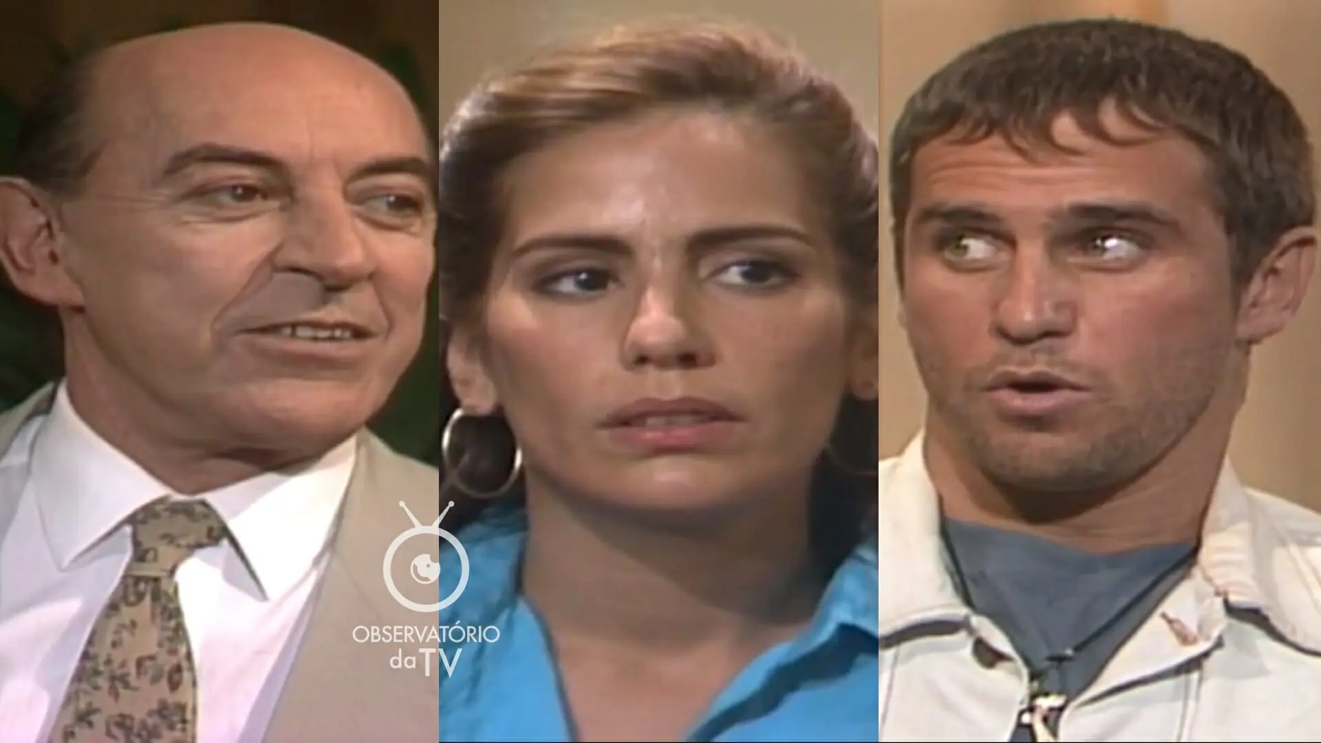 Virgílio (Raul Cortez), Raquel (Gloria Pires) e Tonho da Lua (Marcos Frota) de Mulheres de Areia
