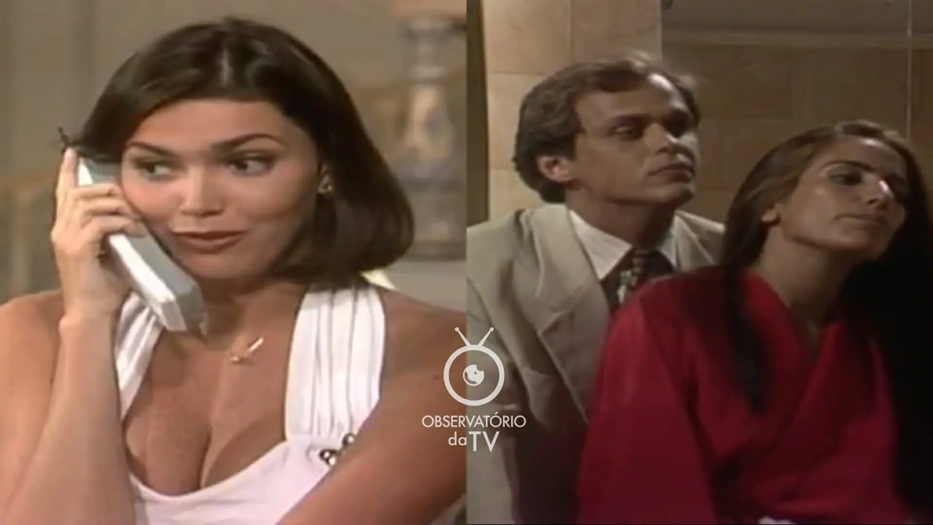 Andrea (Karina Perez), Marcos (Guilherme Fontes) e Raquel (Gloria Pires) de Mulheres de Areia