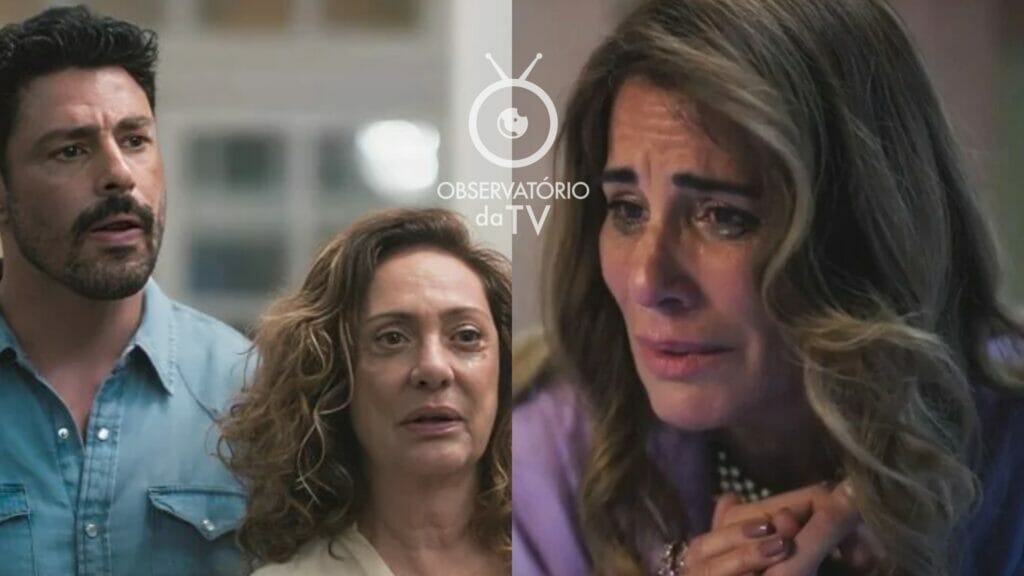 Caio (Cauã Reymond), Agatha (Eliane Giardini) e Irene (Gloria Pires) de Terra e Paixão