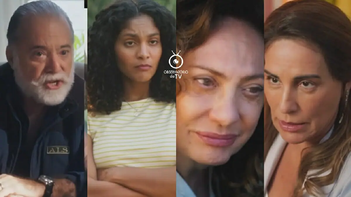 Antônio (Tony Ramos), Aline (Bárbara Reis), Agatha (Eliane Giardini) e Irene (Gloria Pires) em Terra e Paixão