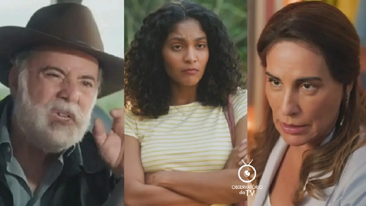 Antônio (Tony Ramos), Aline (Bárbara Reis) e Irene (Gloria Pires) em Terra e Paixão