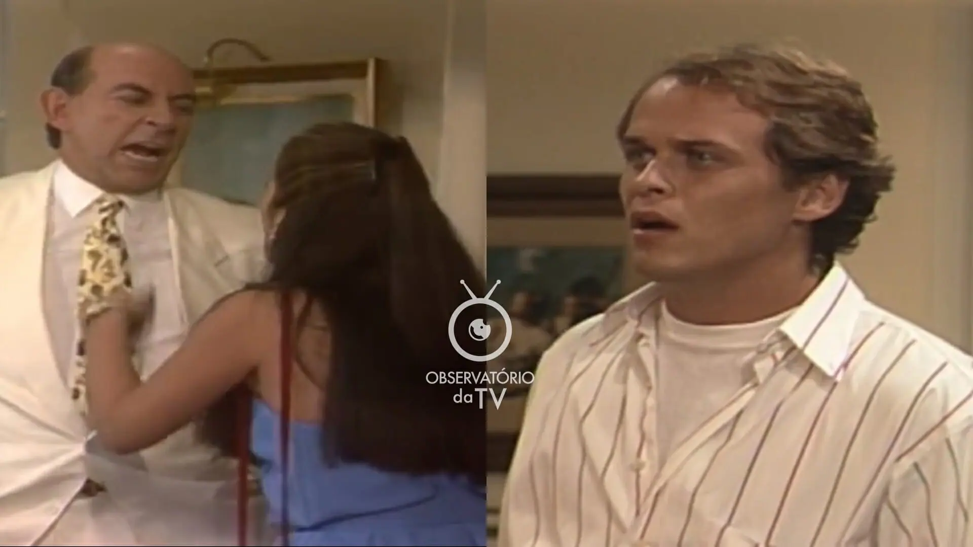 Virgílio (Raul Cortez), Raquel (Gloria Pires) e Marcos (Guilherme Fontes) de Mulheres de Areia