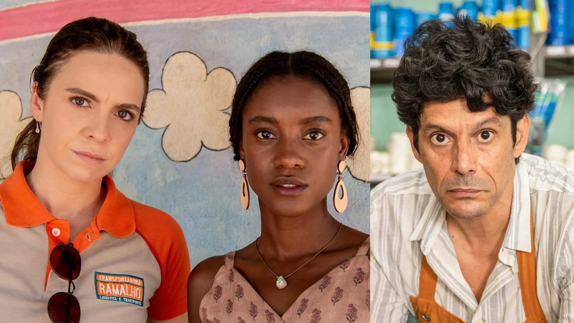 Mara (Renata Gaspar), Menah (Camilla Damião) e Elias (Lourinelson Vladmir) em Terra e Paixão em Terra e Paixão