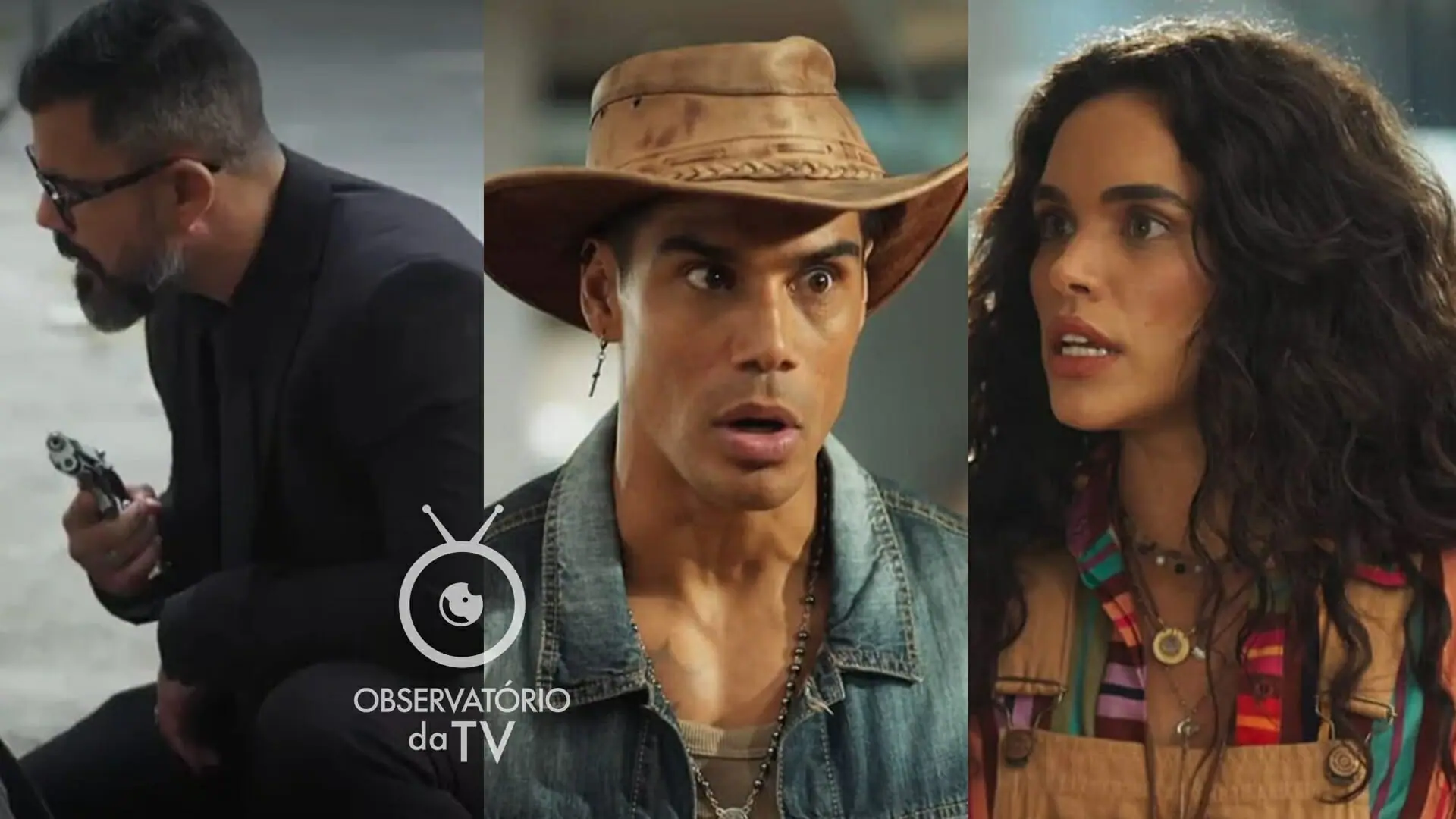 Pascoal (Juliano Cazarré), Jefinho (Micael Borges) e Luna (Giovana Cordeiro) de Fuzuê