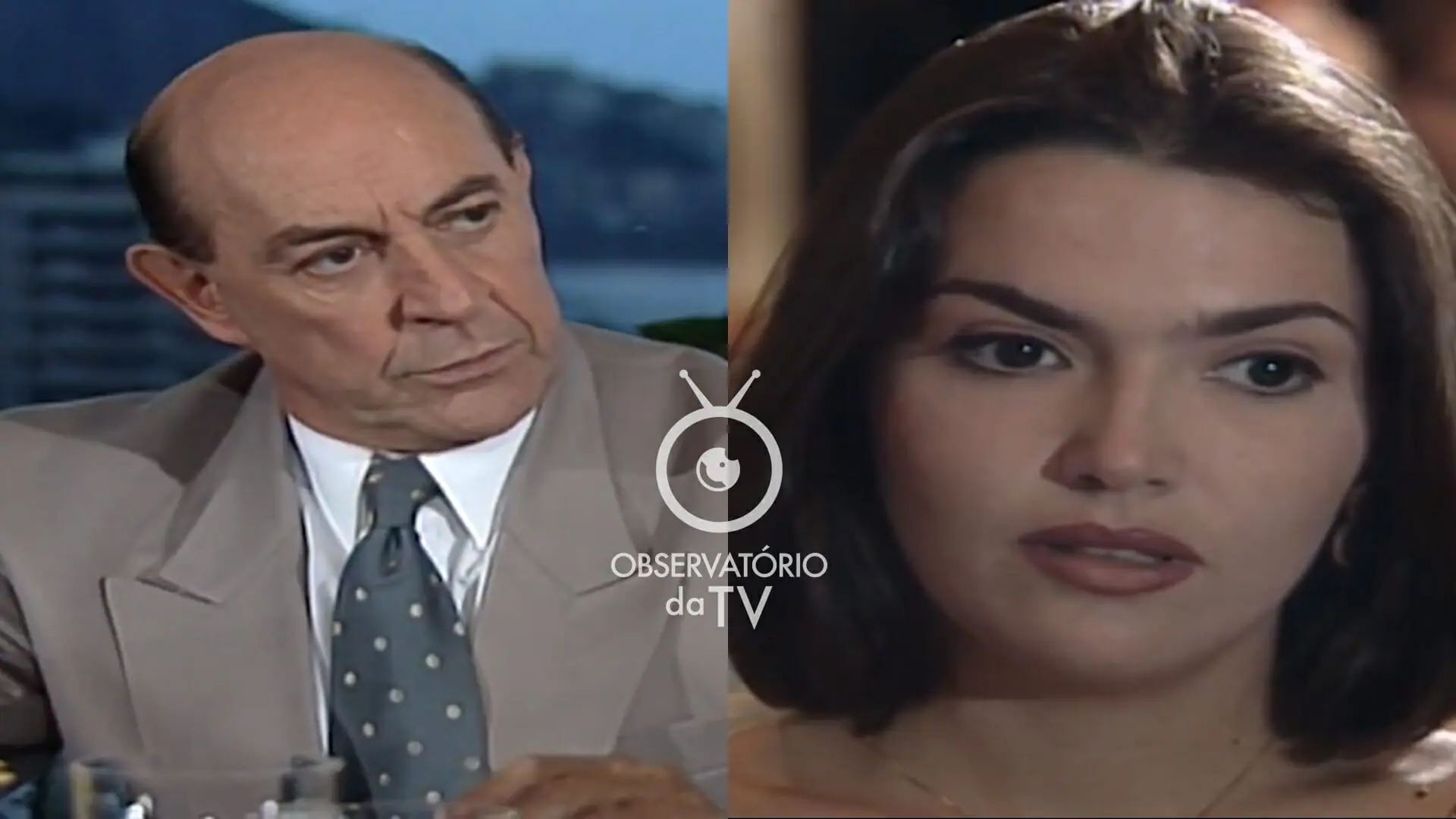Virgílio (Raul Cortez) e Andréa (Karina Perez) de Mulheres de Areia