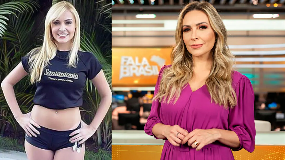 Thalita Oliveira como candidata do concurso Nova Loira do Tchan e na bancada do Fala Brasil