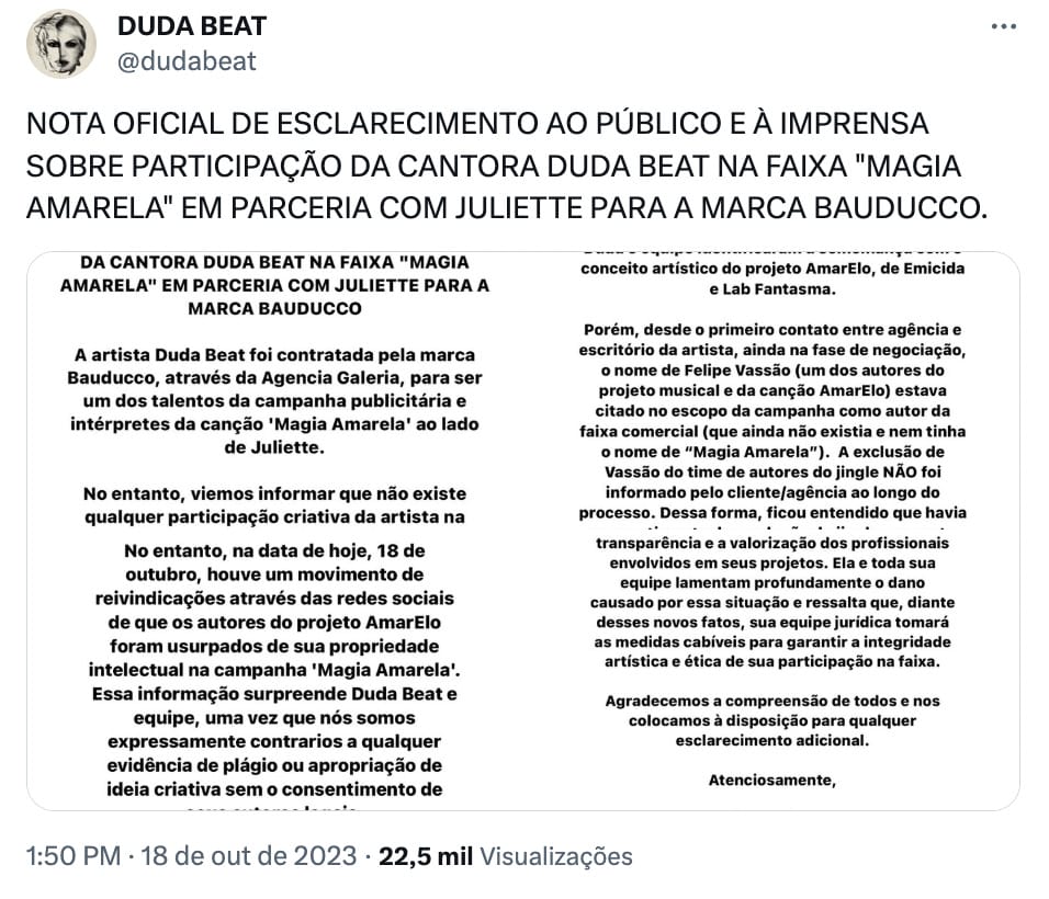 Nota de Duda Beat sobre a acusação de plágio de AmarElo