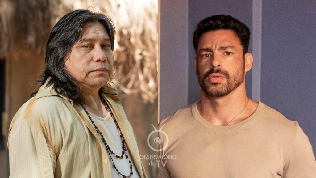 Jurecê (Daniel Munduruku) e Caio (Cauã Reymond) em Terra e Paixão