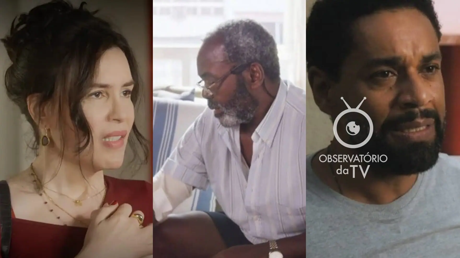 Renée (Maria Clara Spinelli), Evilásio (Cosme dos Santos) e Wagner (César Mello) de Elas por Elas