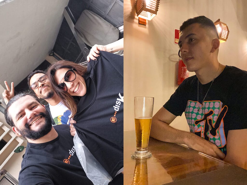Sarah Oliveira com os fãs Leandro Marino e Caio Pinheiro na entrada do prédio da antiga MTV Brasil; à direita, Felipe Arcelino