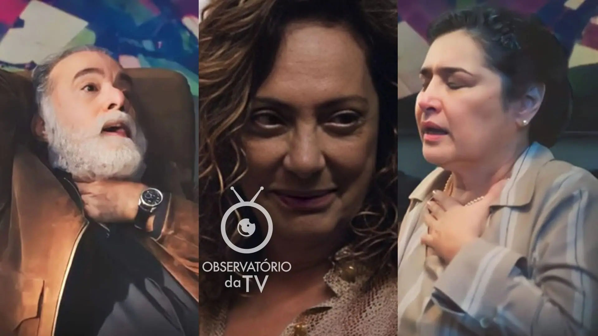 Antônio (Tony Ramos), Agatha (Eliane Giardini) e Angelina (Inez Viana) de Terra e Paixão