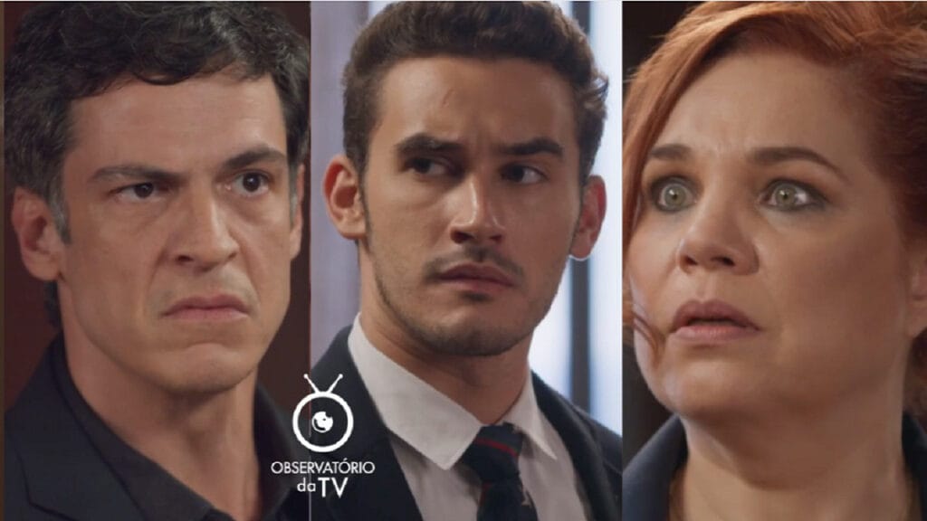 Jonas (Mateus Solano), Giovanni (Filipe Bragança) e Helena (Isabel Teixeira) em Elas por Elas