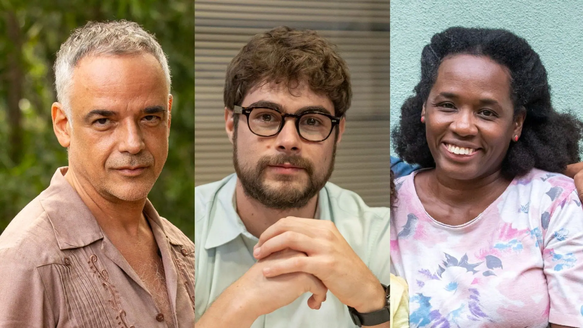 Andrade (Ângelo Antônio), Hélio (Rafael Vitti) e Jussara (Tatiana Tibúrcio) em Terra e Paixão