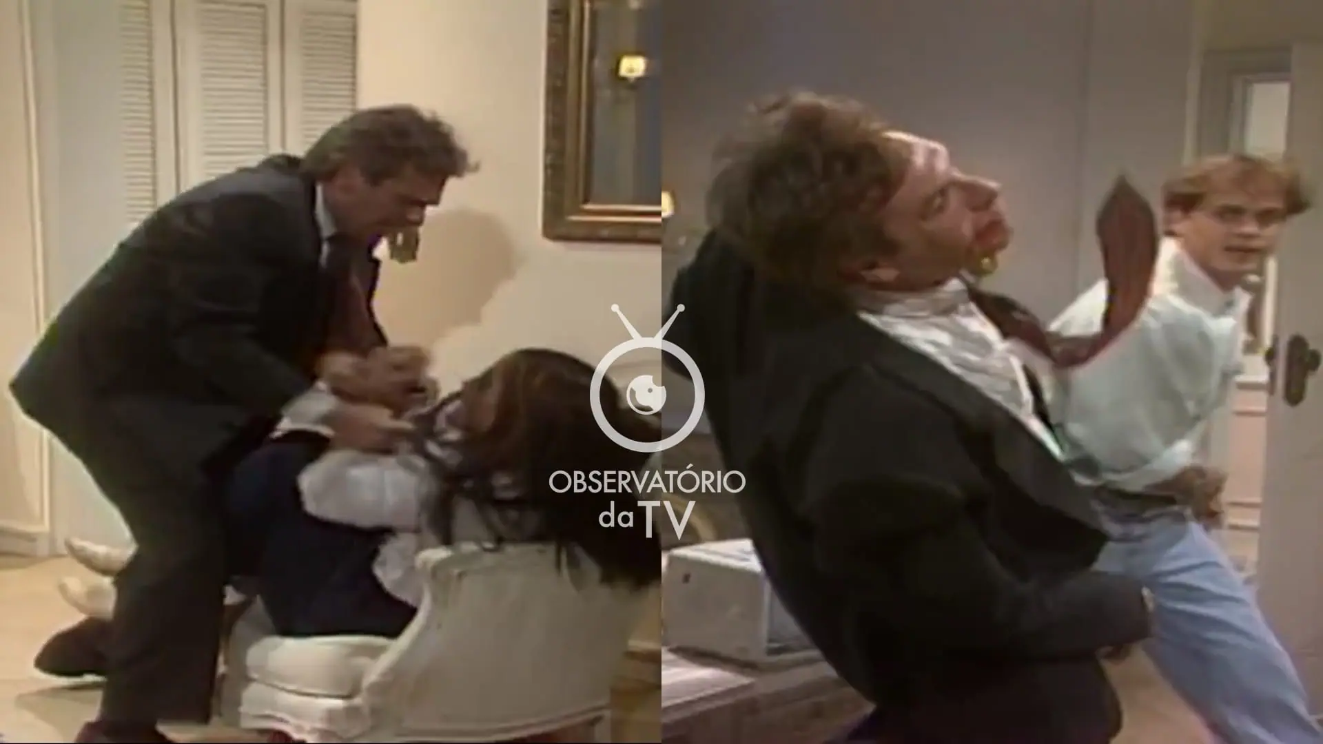 César (Henri Pagnoncelli), Ruth (Gloria Pires) e Marcos (Guilherme Fontes) de Mulheres de Areia