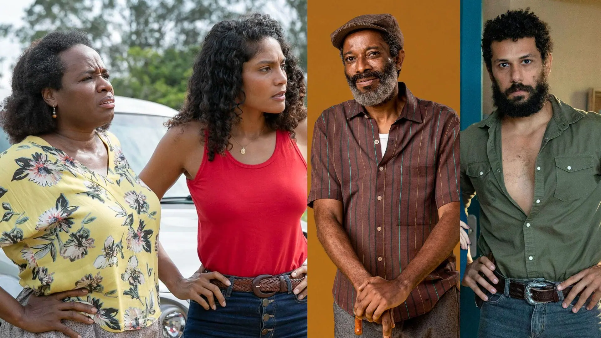 Jussara (Tatiana Tibúrcio), Aline (Bárbara Reis), Gentil (Flavio Bauraqui) e Ramiro (Amaury Lorenzo) em Terra e Paixão