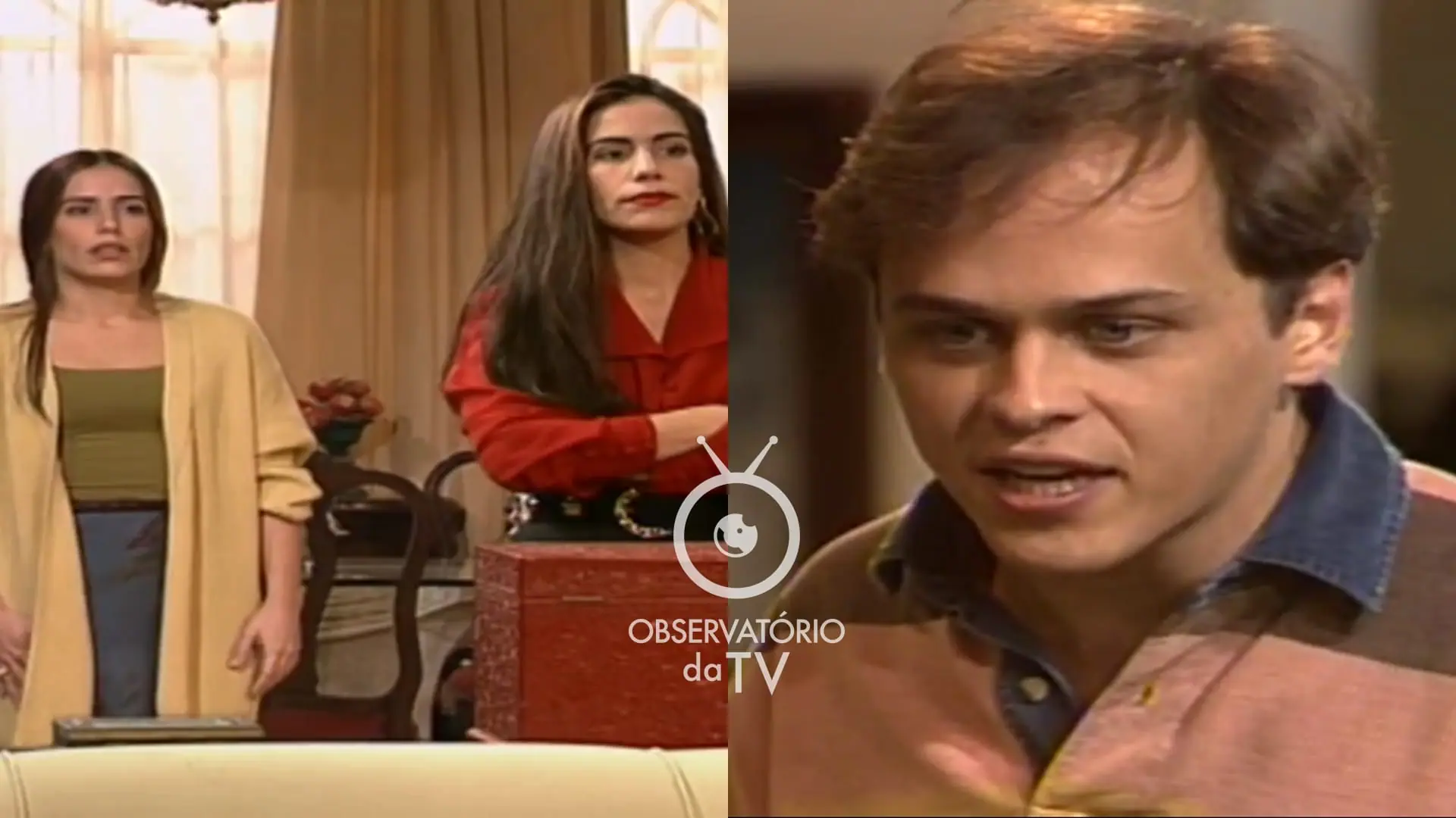 Ruth (Gloria Pires), Raquel (Gloria Pires) e Marcos (Guilherme Fontes) de Mulheres de Areia