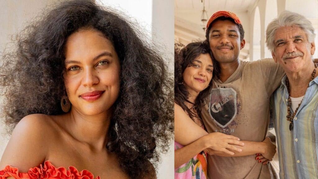 Morena na primeira fase e na segunda fase (Uiliana Lima e Ana Cecilia Costa), João Pedro (Juan Paiva) e Deocleciano (Jackson Antunes) em Renascer