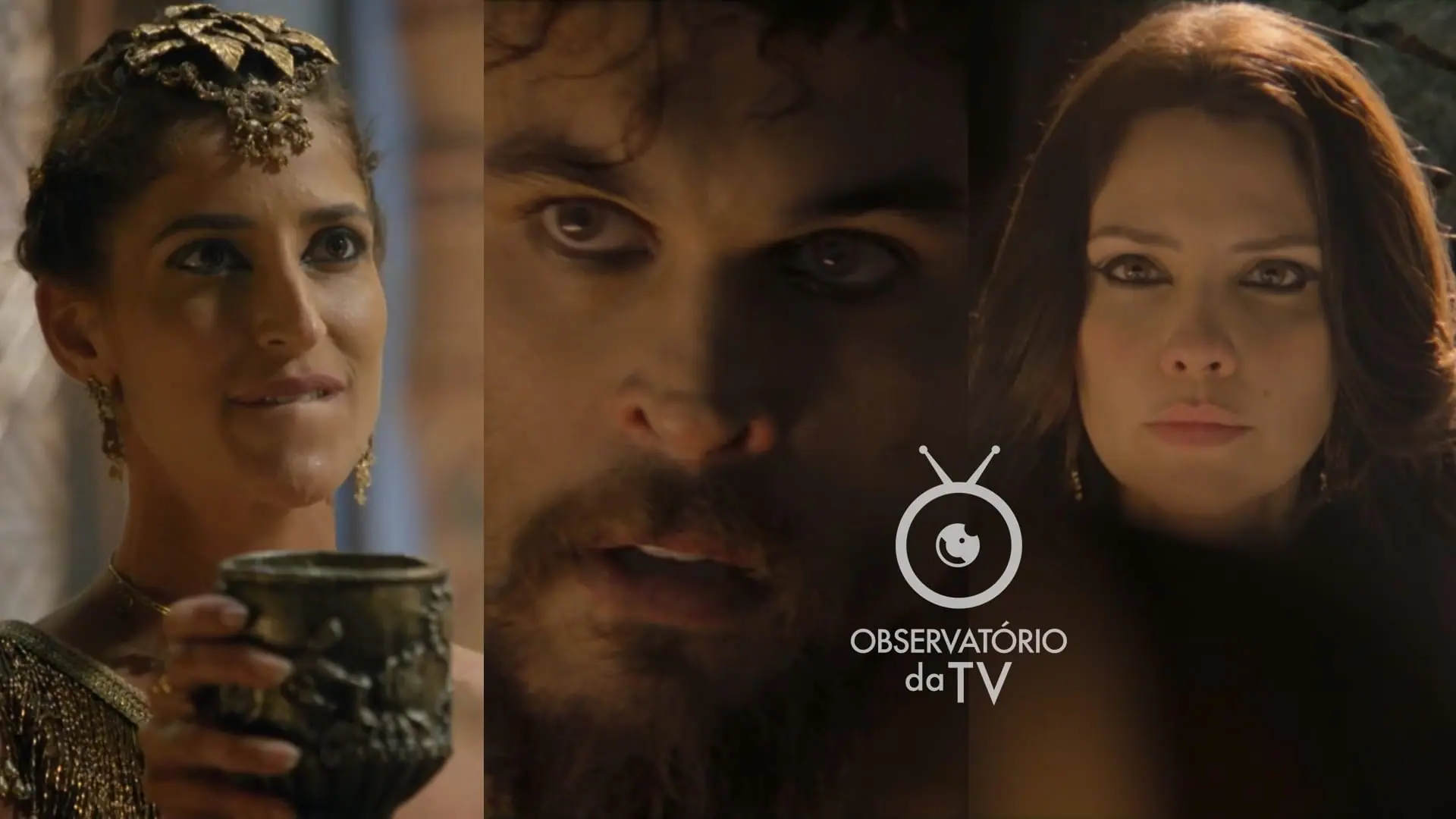 Enlila (Maria Joana), Ibbi-Sim (Felipe Roque) e Nadi (Camila Rodrigues) de Gênesis