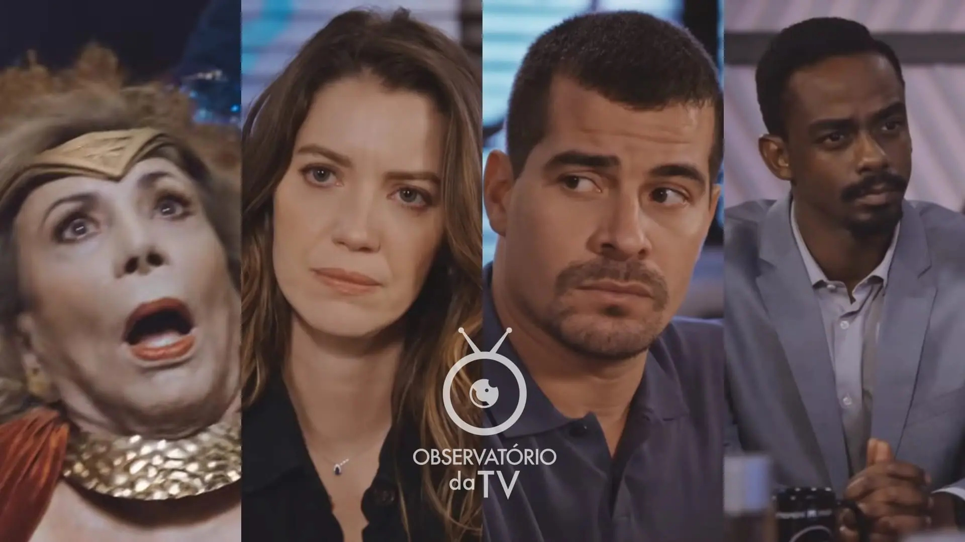 Frida (Arlete Salles), Vênus (Nathalia Dill), Júpiter (Thiago Martins) e Hans (Raphael Logam) de Família é Tudo