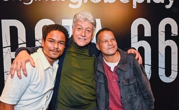 Juan Queiroz e Caco Barcellos na estreia da série Rota 66