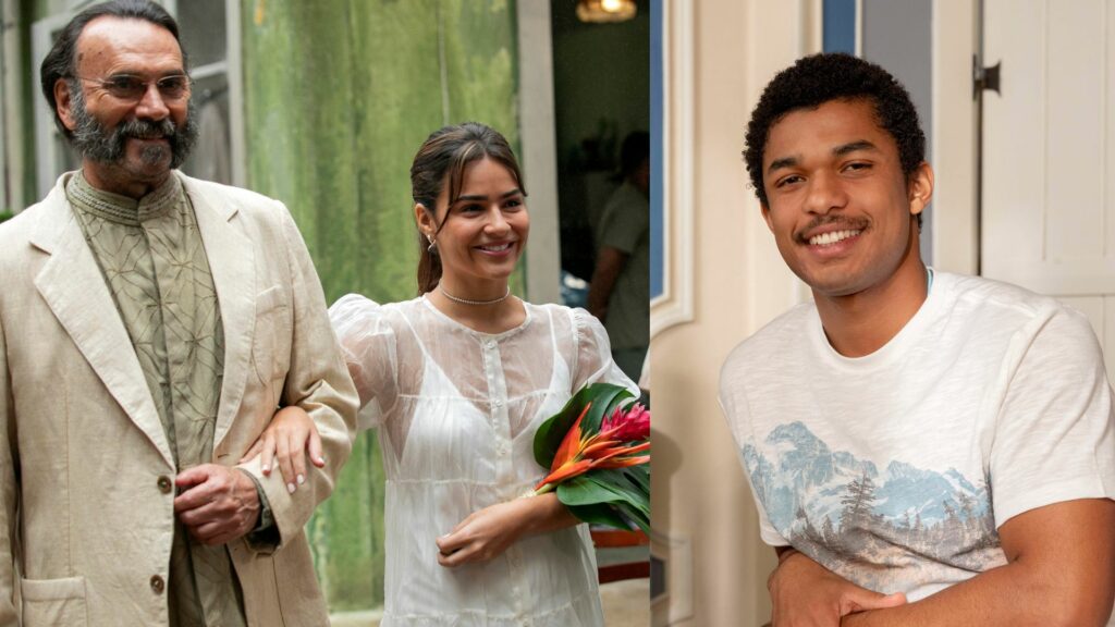 Rachid (Almir Sater), Sandra (Giullia Buscacio) e João Pedro (Juan Paiva) em Renascer