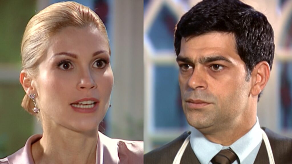 Cristina (Flávia Alessandra) e Rafael (Eduardo Moscovis) de Alma Gêmea