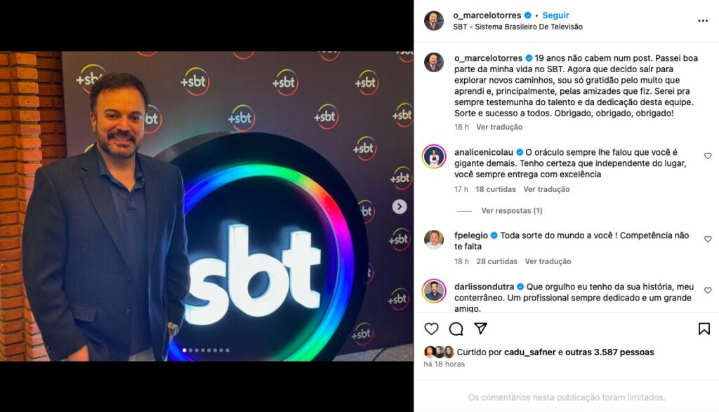 Marcelo Torres anuncia saída do SBT em seu perfil no Instagram