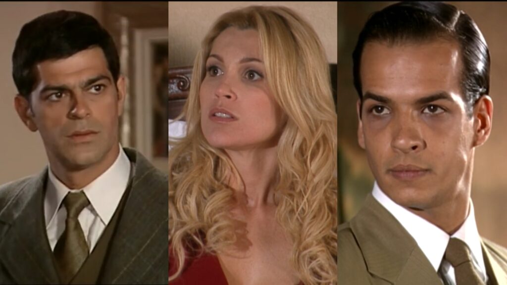 Rafael (Eduardo Moscovis), Cristina (Flávia Alessandra) e Ivan (Thiago Luciano) de Alma Gêmea