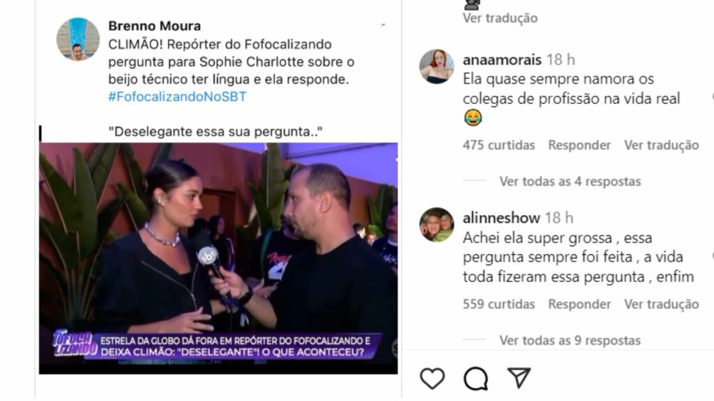 Sophie Charlotte e repórter do Fofocalizando do SBT