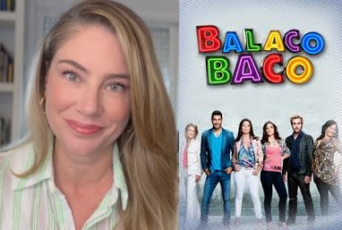 Juliana Baroni atualmente e um pôster de divulgação da novela Balacobaco - (Imagens: Reprodução, Instagram @julianabaroni e Divulgação, Record) ex-paquita