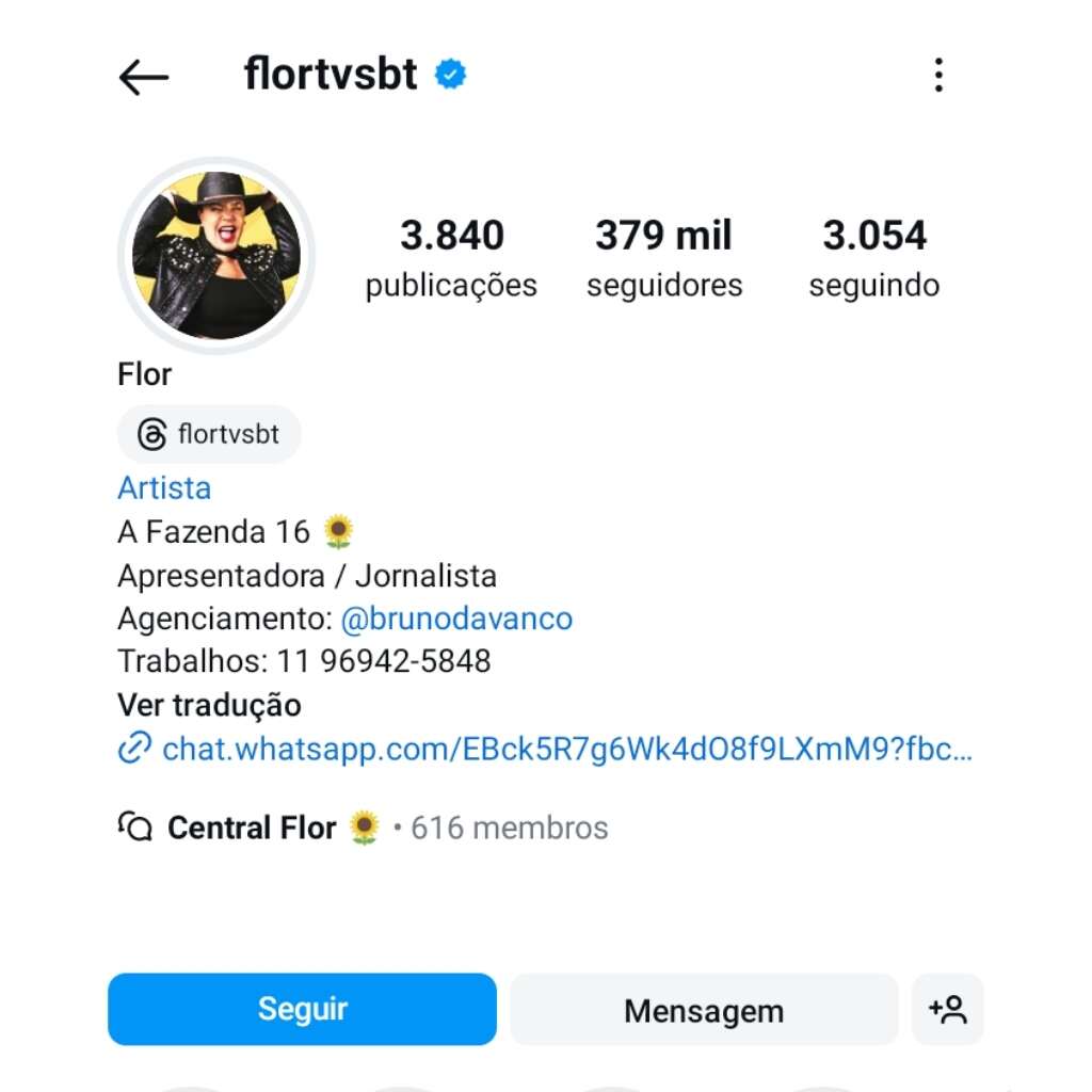 Flor usa nome do SBT no @ do Instagram mesmo não sendo mais contratada da emissora - (Foto: Reprodução das Redes Sociais)