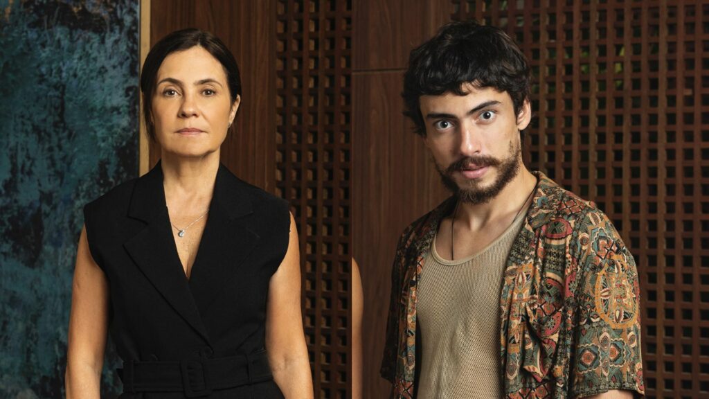 Mércia (Adriana Esteves) e Iberê (Jaffar Bambirra) em Mania de Você Manoela