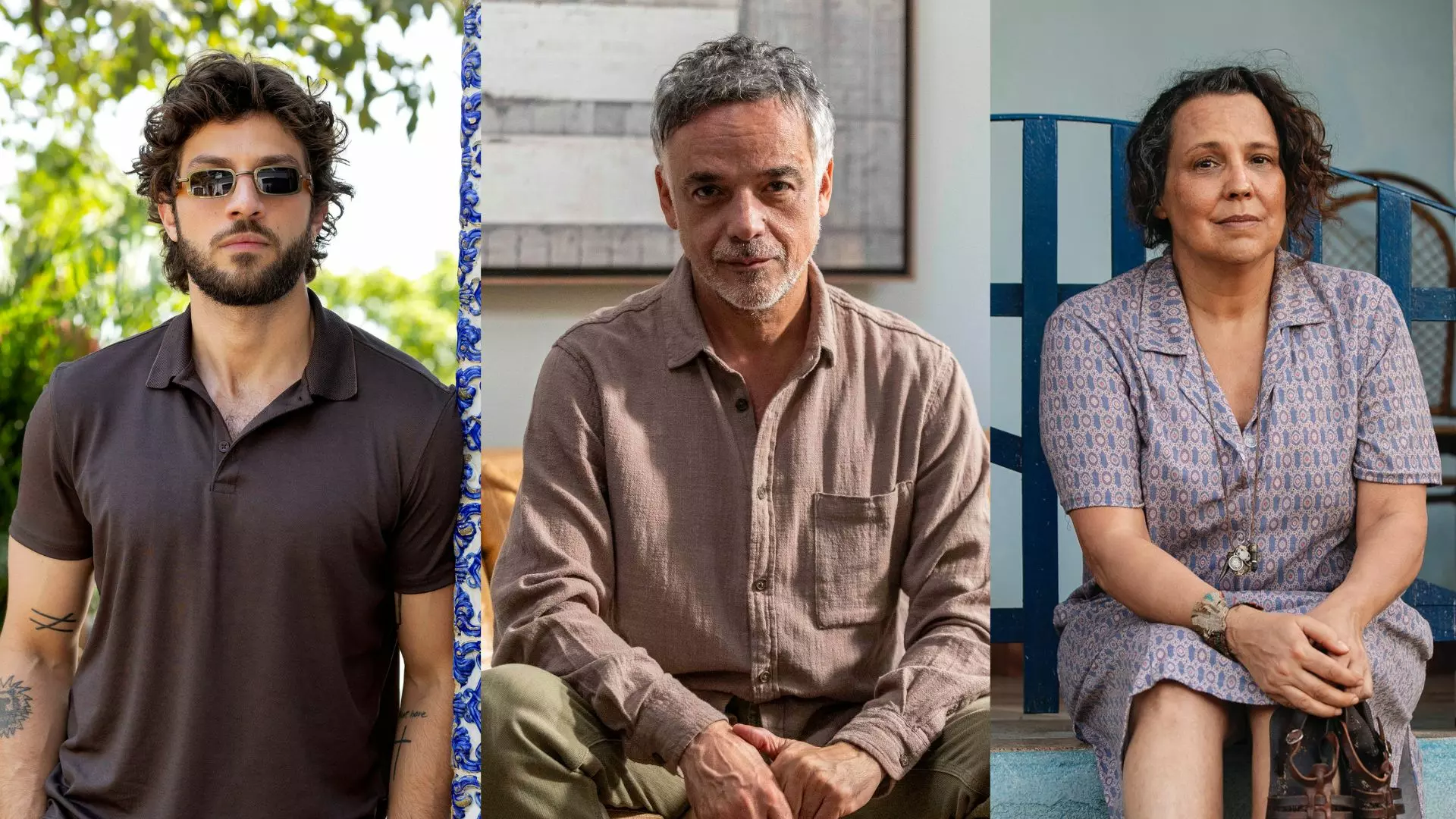 Mavi (Chay Suede), Nahum (Ângelo Antônio) e Moema (Ana Beatriz Nogueira) em Mania de Você