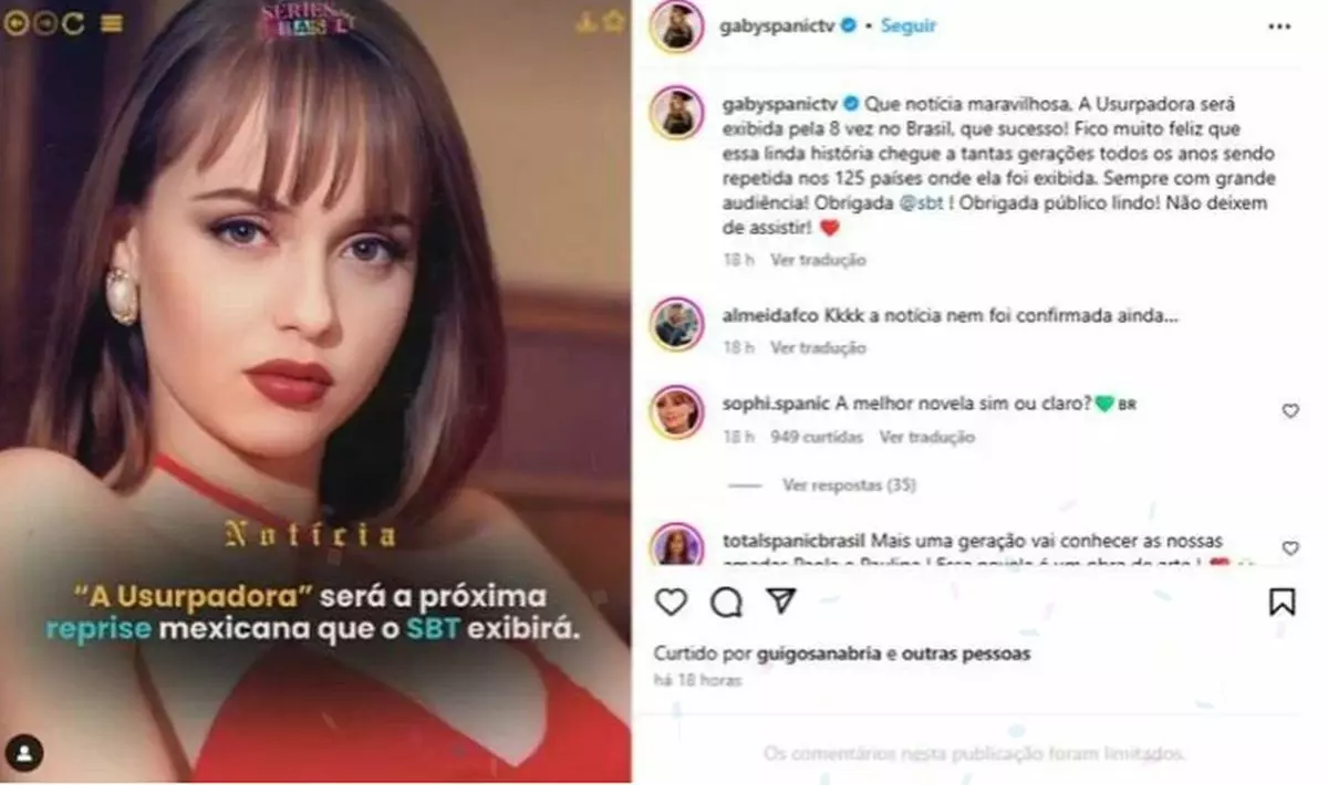 Postagem de Gabriela Spanic no Instagram sobre reprise de A Usurpadora no SBT
