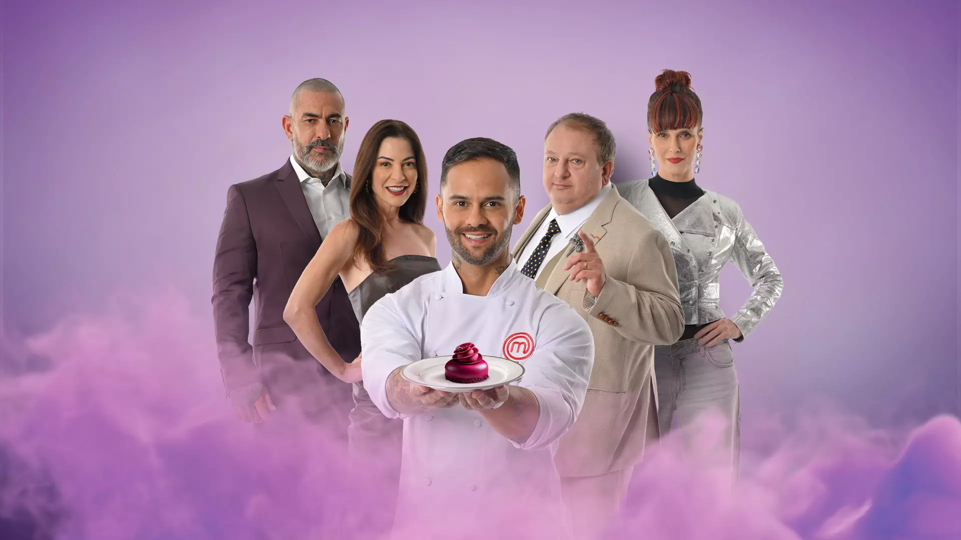 Henrique Fogaça, Ana Paula Padrão, Diego Lozano, Erick Jacquin e Helena Rizzo no MasterChef Confeitaria