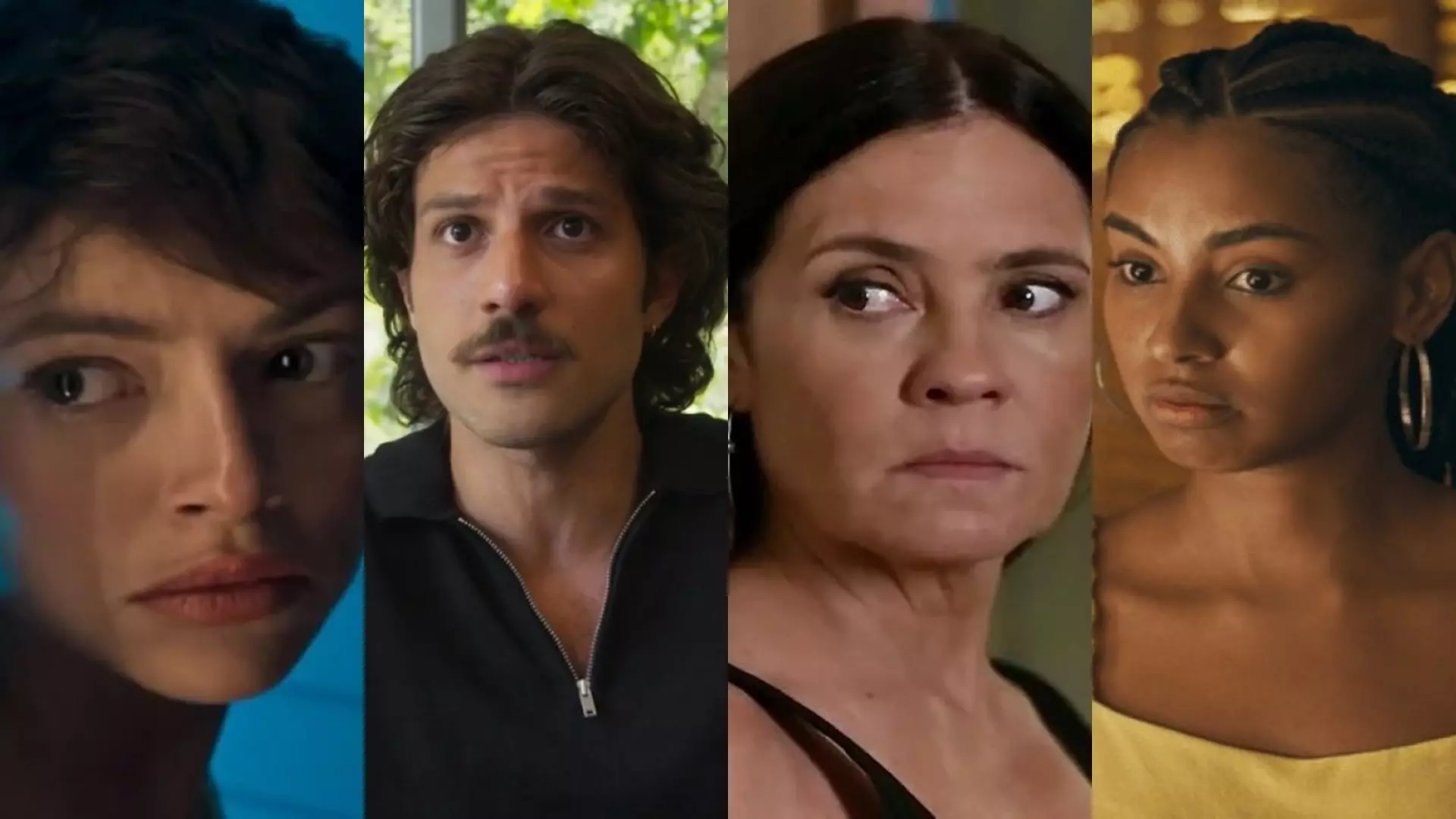 Luma (Agatha Moreira), Mavi (Chay Suede), Mércia (Adriana Esteves) e Viola (Gabz) de Mania de Você