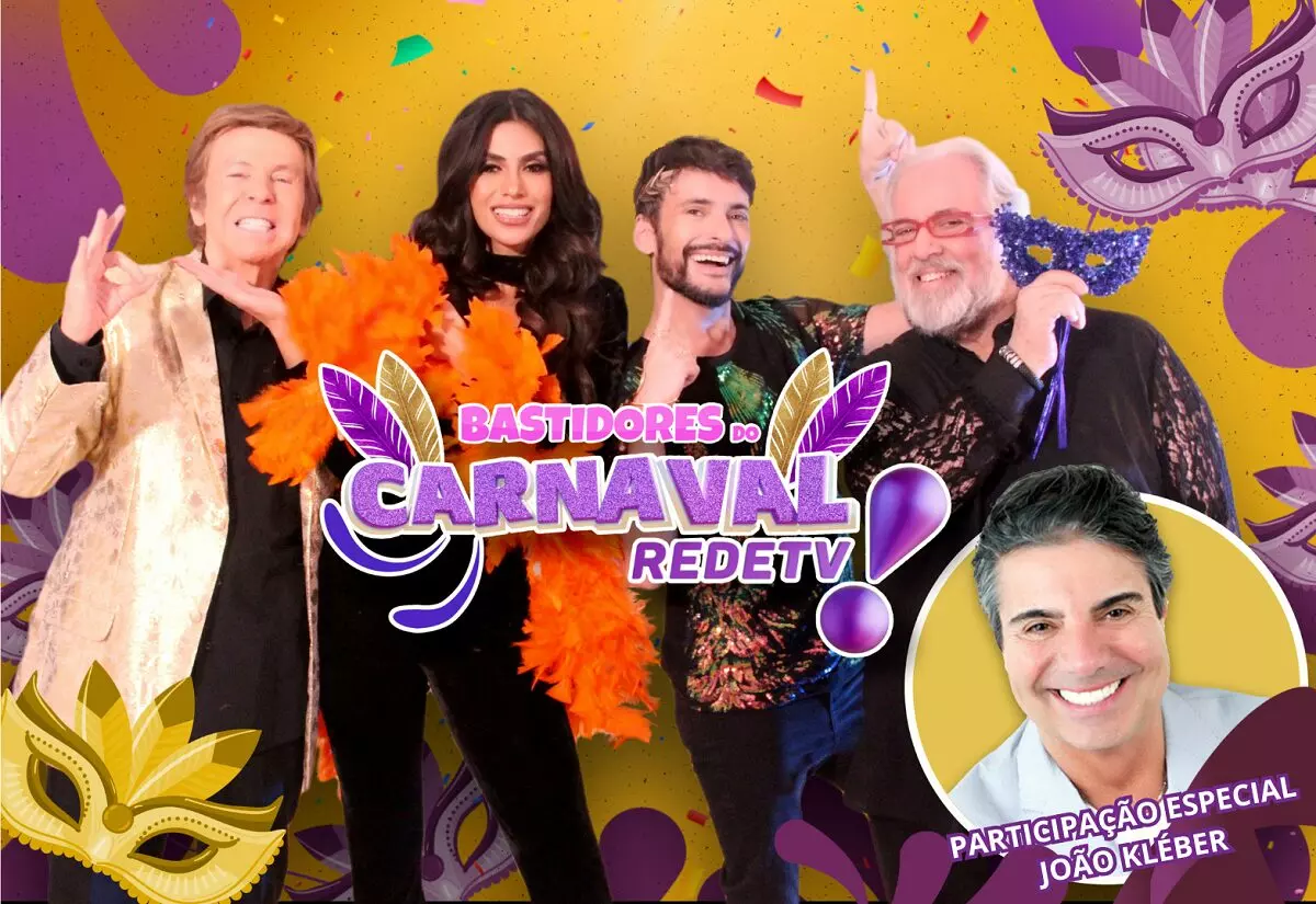 Nelson Rubens, Flávia Noronha, Fefito, Leão Lobo e João Kléber, equipe dos Bastidores do Carnaval 2025, da RedeTV!
