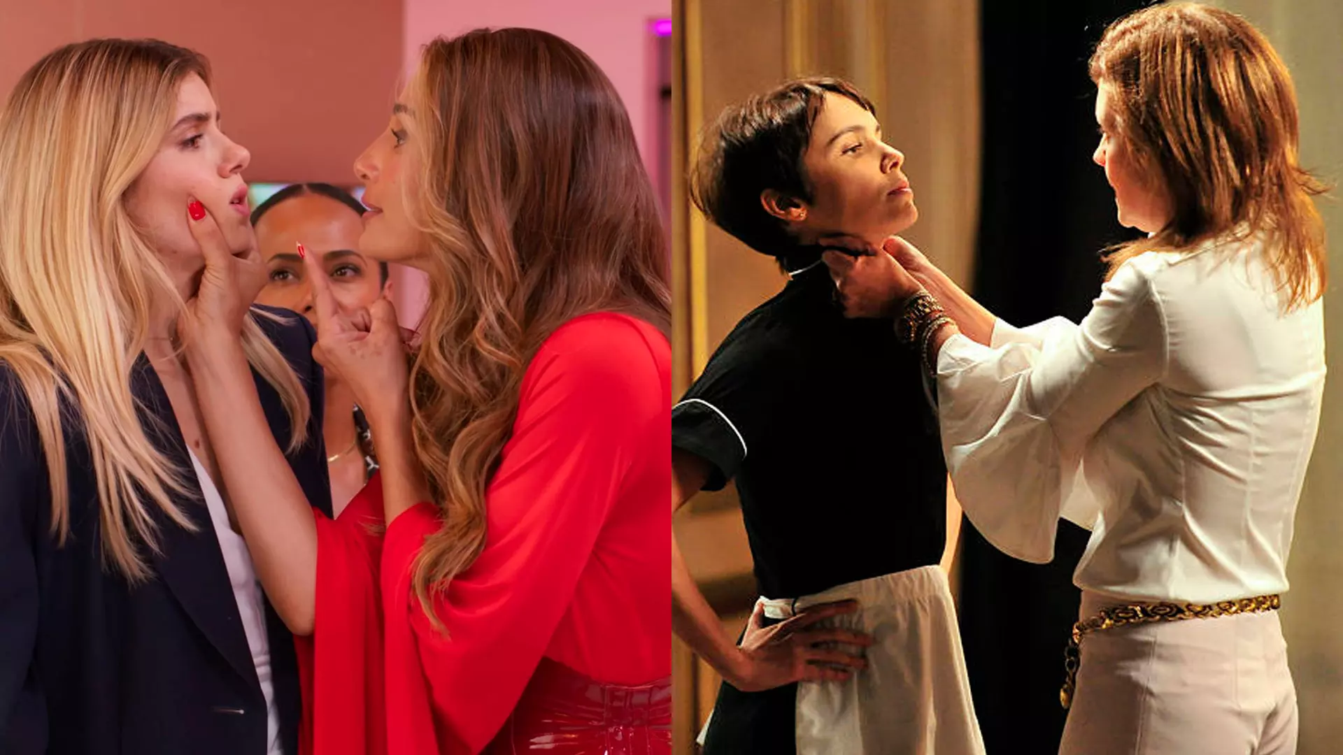 Sofia (Camila Queiroz) e Lola (Camila Pitanga) em 'Beleza Fatal' à esq; Carminha (Adriana Esteves) e Nina (Debora Falabella) em 'Avenida Brasil' à dir.