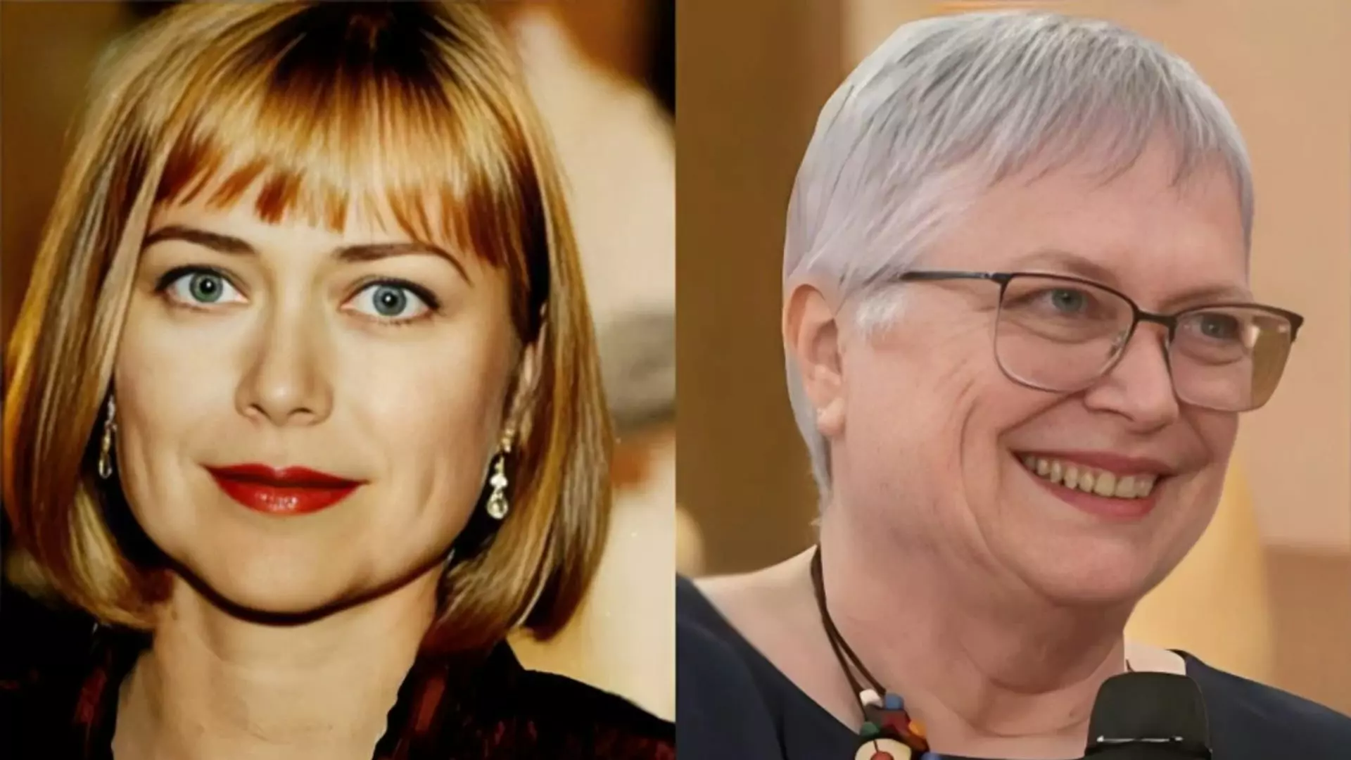 Cristina Mullins em História de Amor e, ao lado, em foto recente