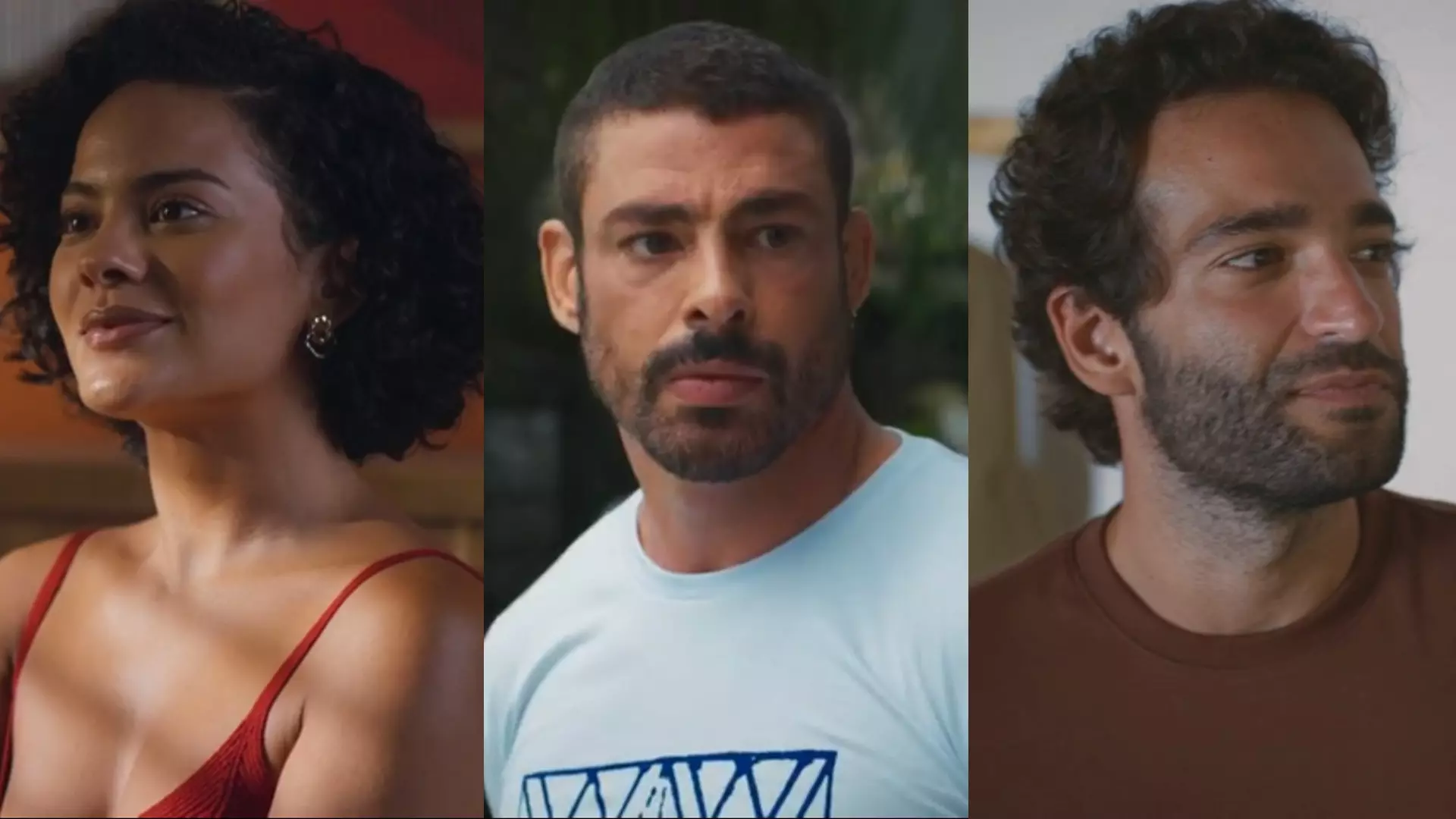 Maria de Fátima (Bella Campos), César (Cauã Reymond) e Afonso (Humberto Carrão) de Vale Tudo