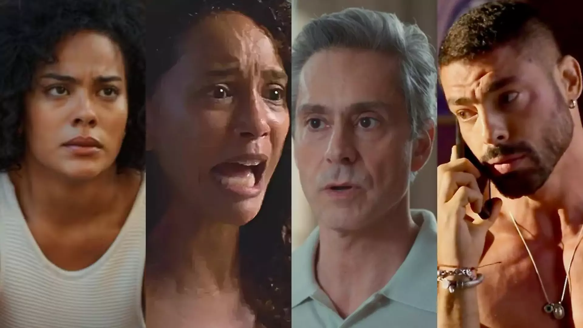 Maria de Fátima (Bella Campos), Raquel (Taís Araujo), Marco Aurélio (Alexandre Nero) e César (Cauã Reymond) de Vale Tudo