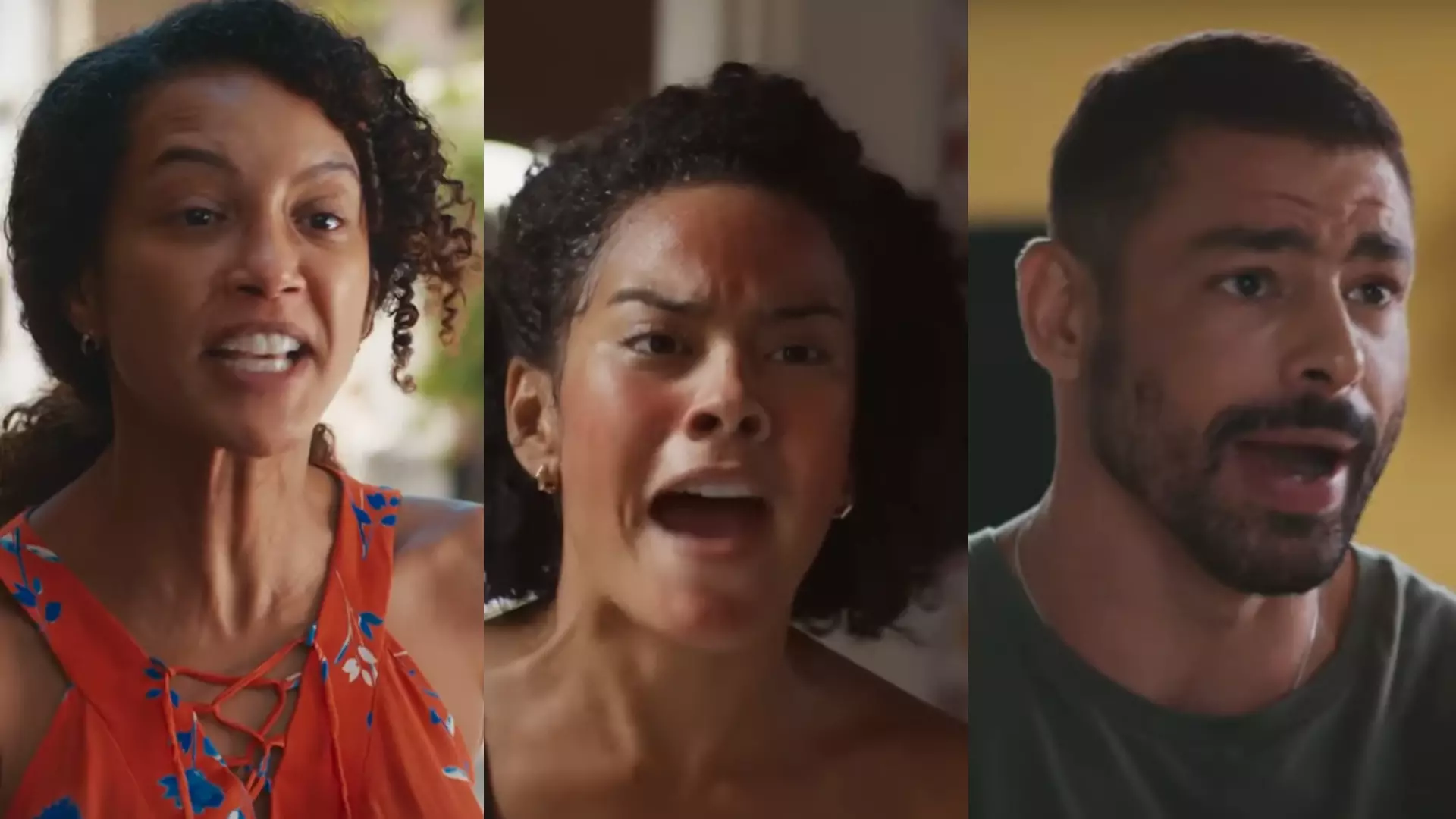 Raquel (Taís Araujo), Fátima (Bella Campos) e César (Cauã Reymond) de Vale Tudo