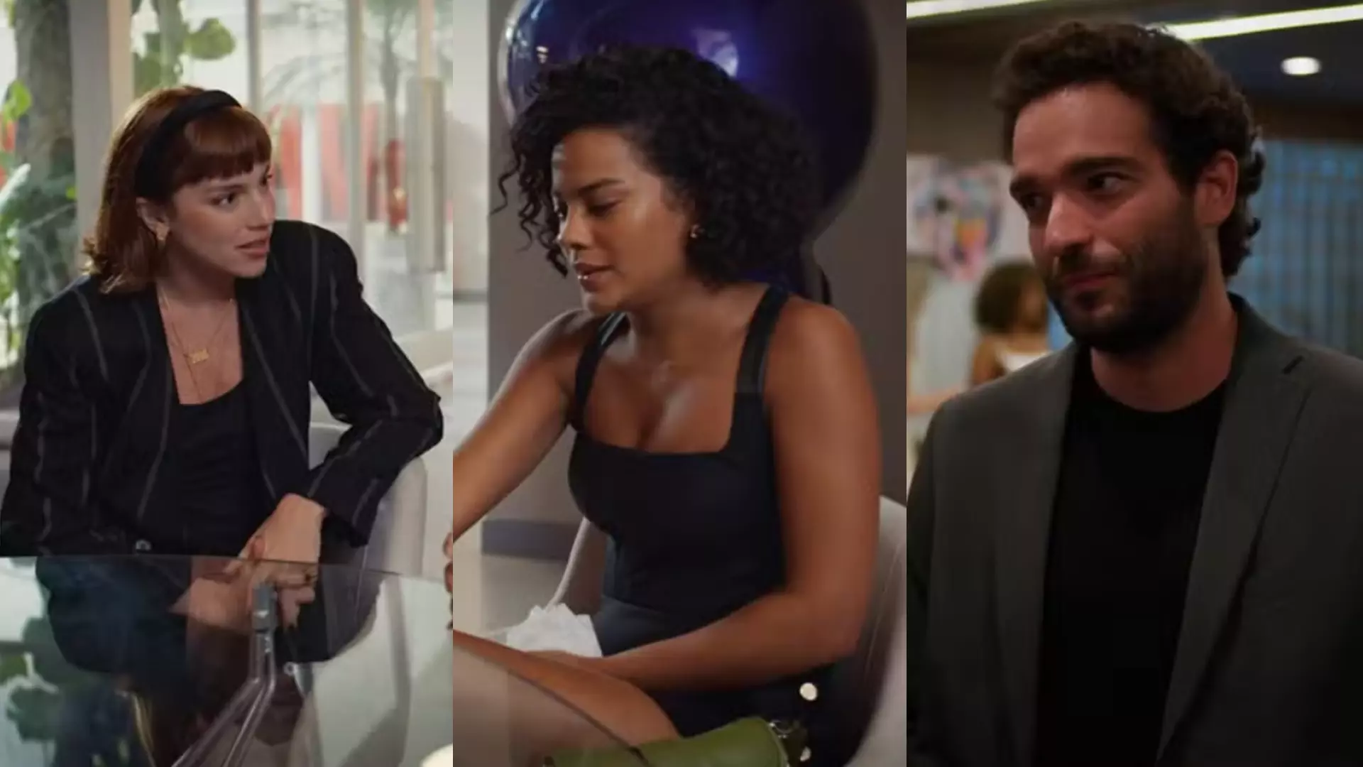 Solange (Alice Wegmann), Maria de Fátima (Bella Campos) e Afonso (Humberto Carrão) de Vale Tudo