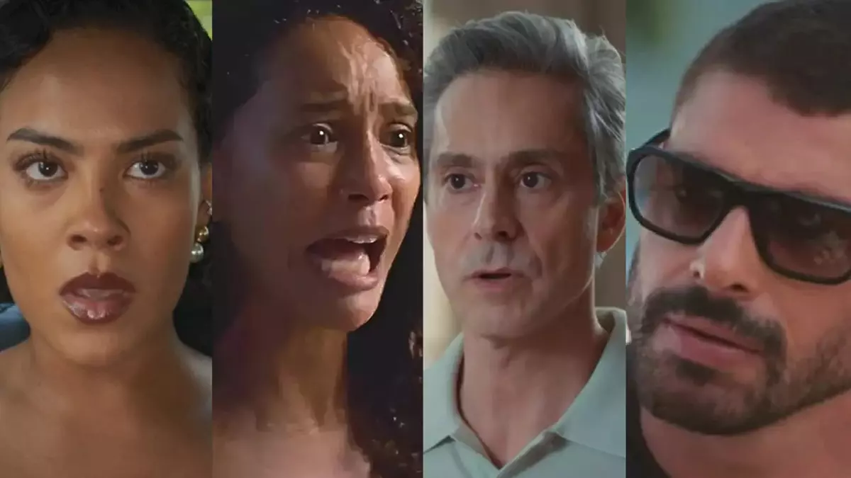 Maria de Fátima (Bella Campos), Raquel (Taís Araujo), Marco Aurélio (Alexandre Nero) e César (Cauã Reymond) de Vale Tudo