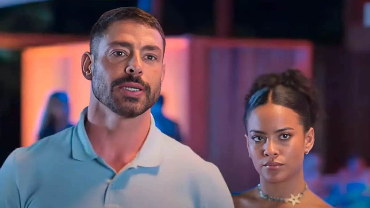 César (Cauã Reymond) e Maria de Fátima (Bella Campos) na segunda versão de Vale Tudo